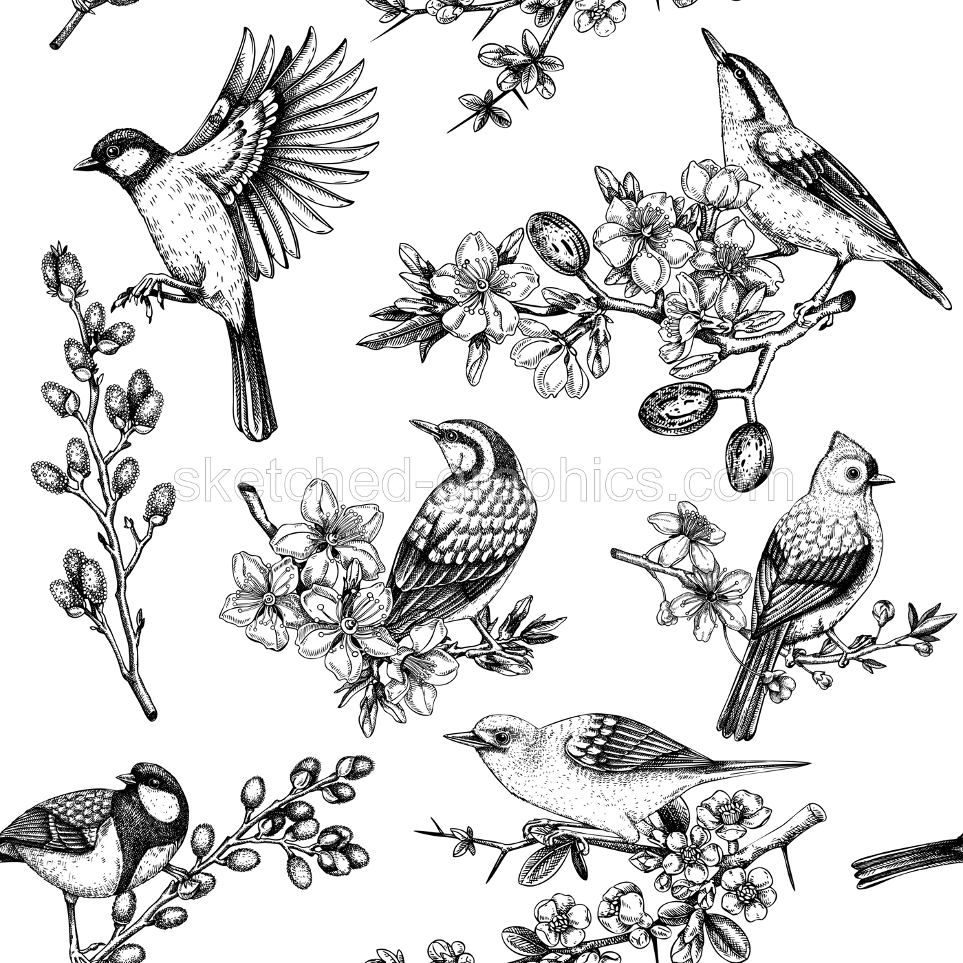 Spring garden background. Vintage seamless patter with birds, flowers, leaves and blooming tree branches. Hand drawn almond, willow, rowan, willow, cherry blossom floral sketches for prints or textile Illustration